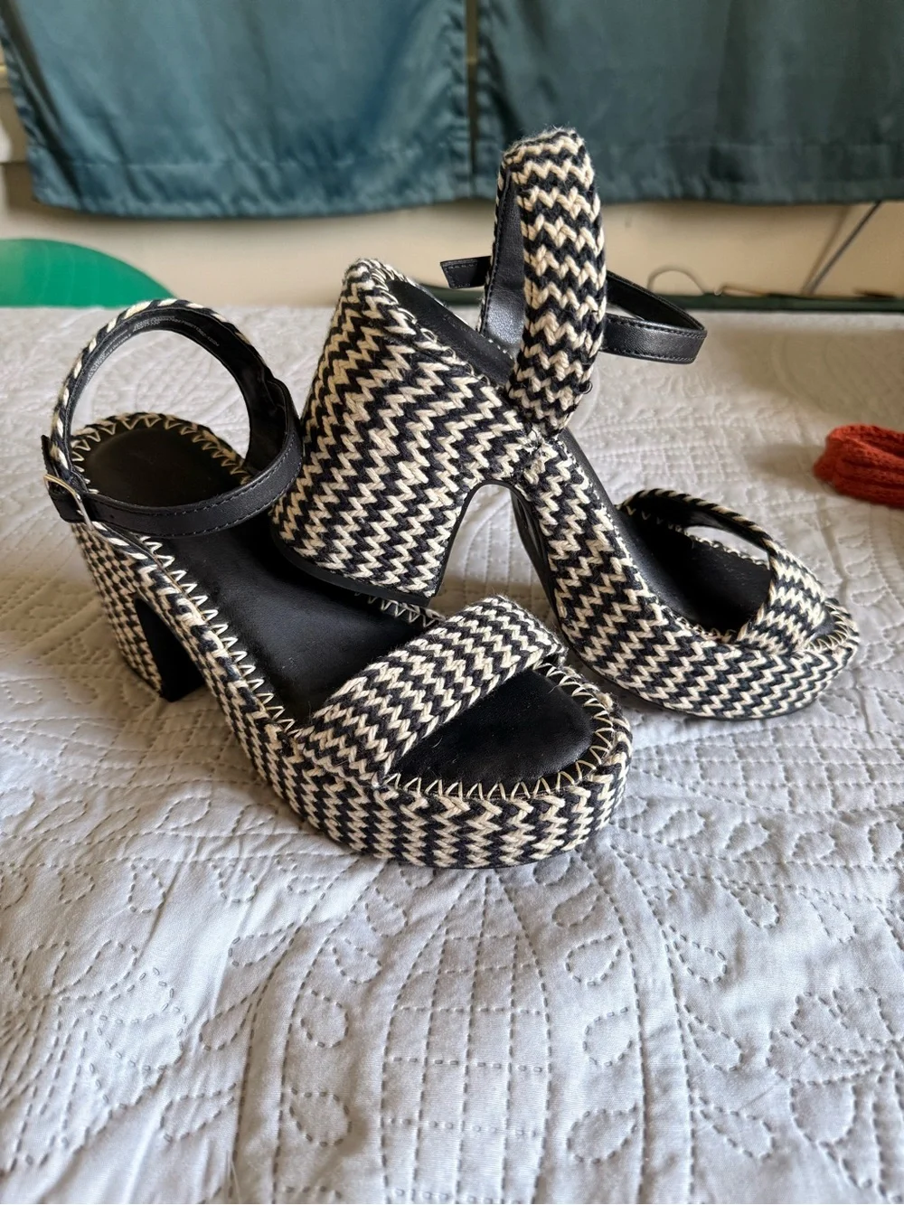 Universal Thread Black & Cream Woven Platform Heels with Ankle Strap